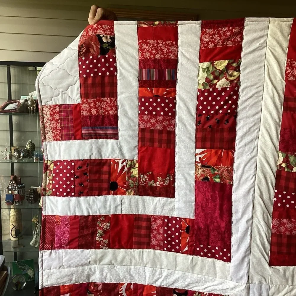NWT. Hand Crafted “Strawberry Fields” Red and White Patchwork Quilt
